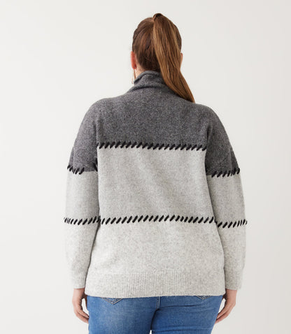 sweater Plus Size Contrast Stitch Mock Neck Colorblock Sweater