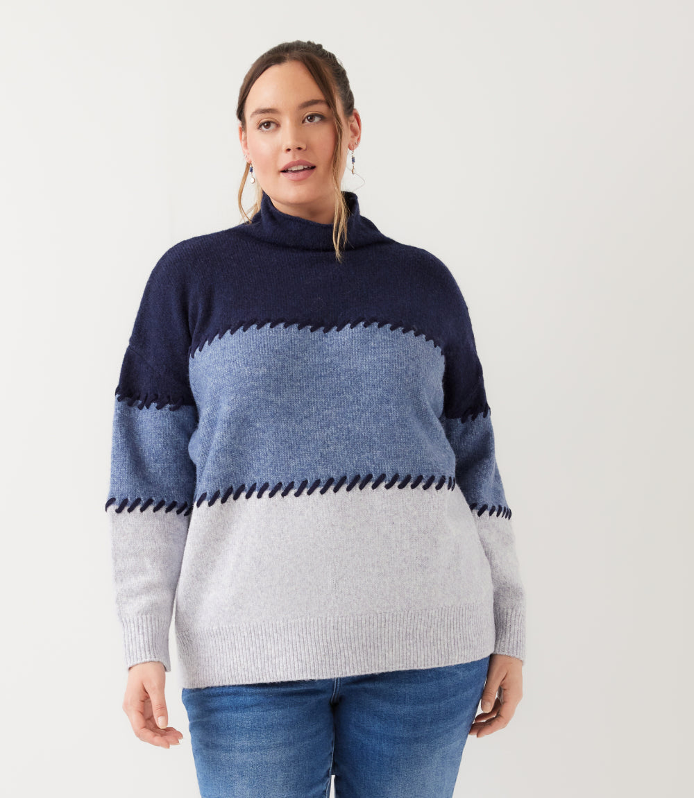 sweater Plus Size Contrast Stitch Mock Neck Colorblock Sweater