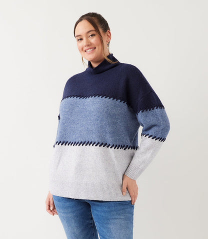 sweater Plus Size Contrast Stitch Mock Neck Colorblock Sweater