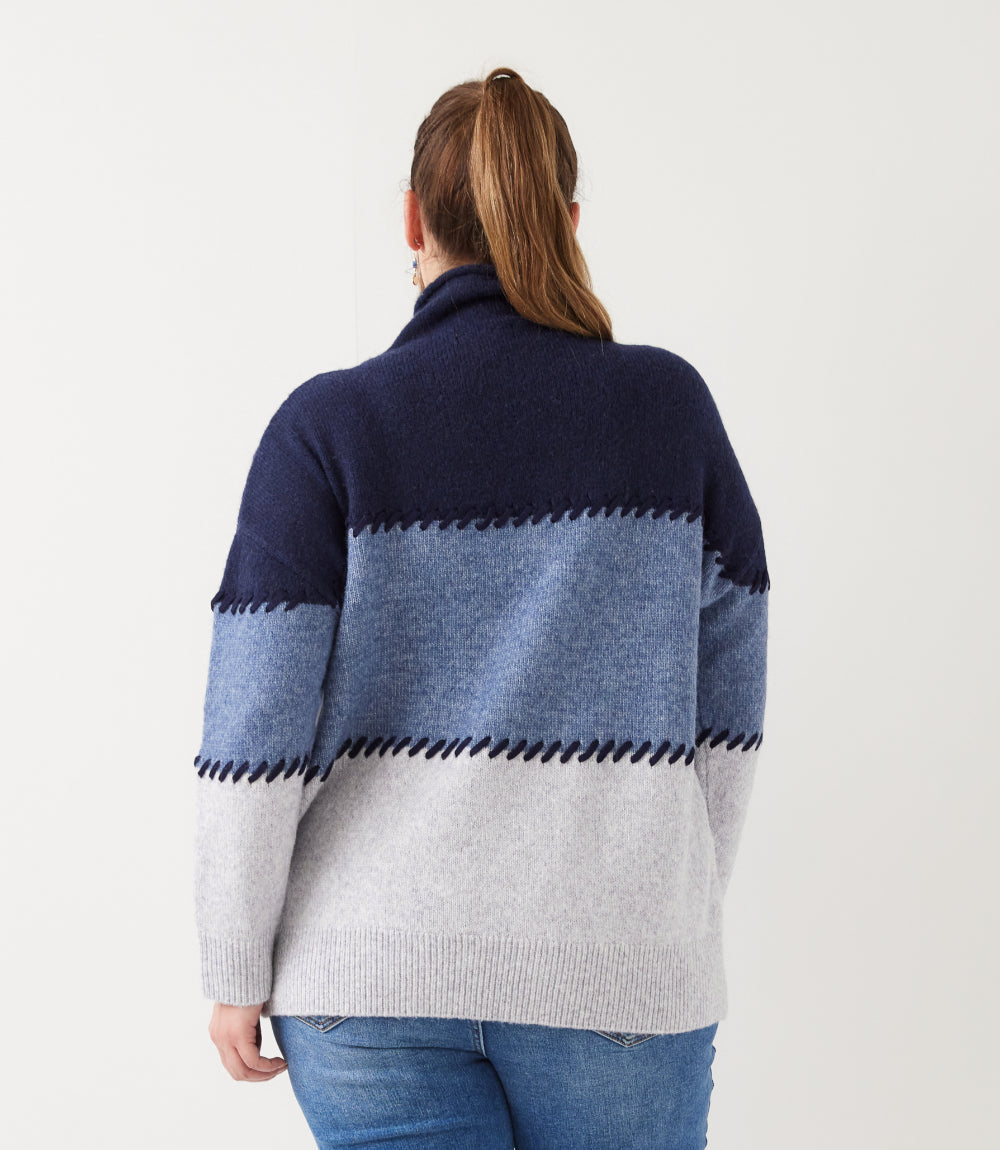 sweater Plus Size Contrast Stitch Mock Neck Colorblock Sweater