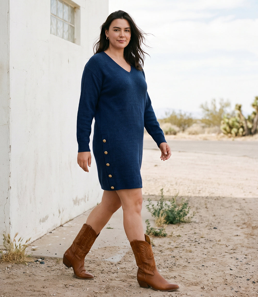dress Plus Size Long Sleeve V-Neck Button Detail Dress