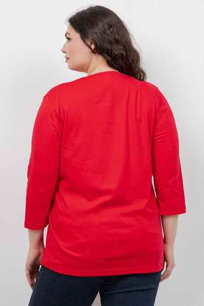 Tops Red Cotton 3/4 Sleeve Tee