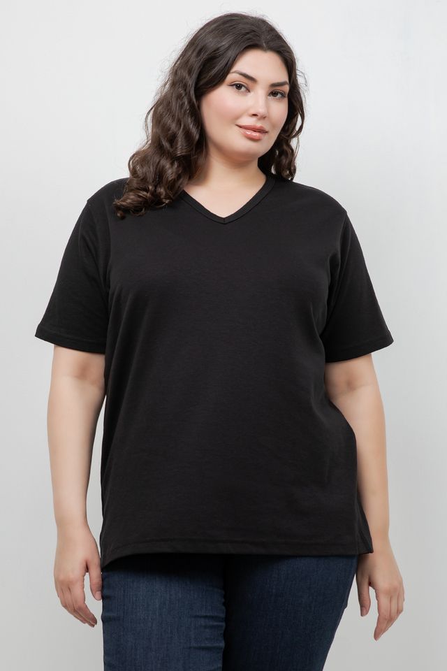 Tops Black Cotton V Neck Tee