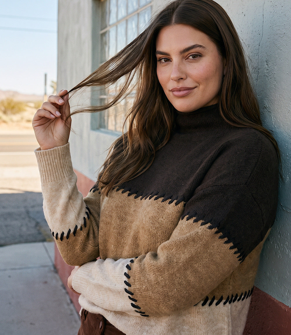sweater Plus Size Contrast Stitch Mock Neck Colorblock Sweater