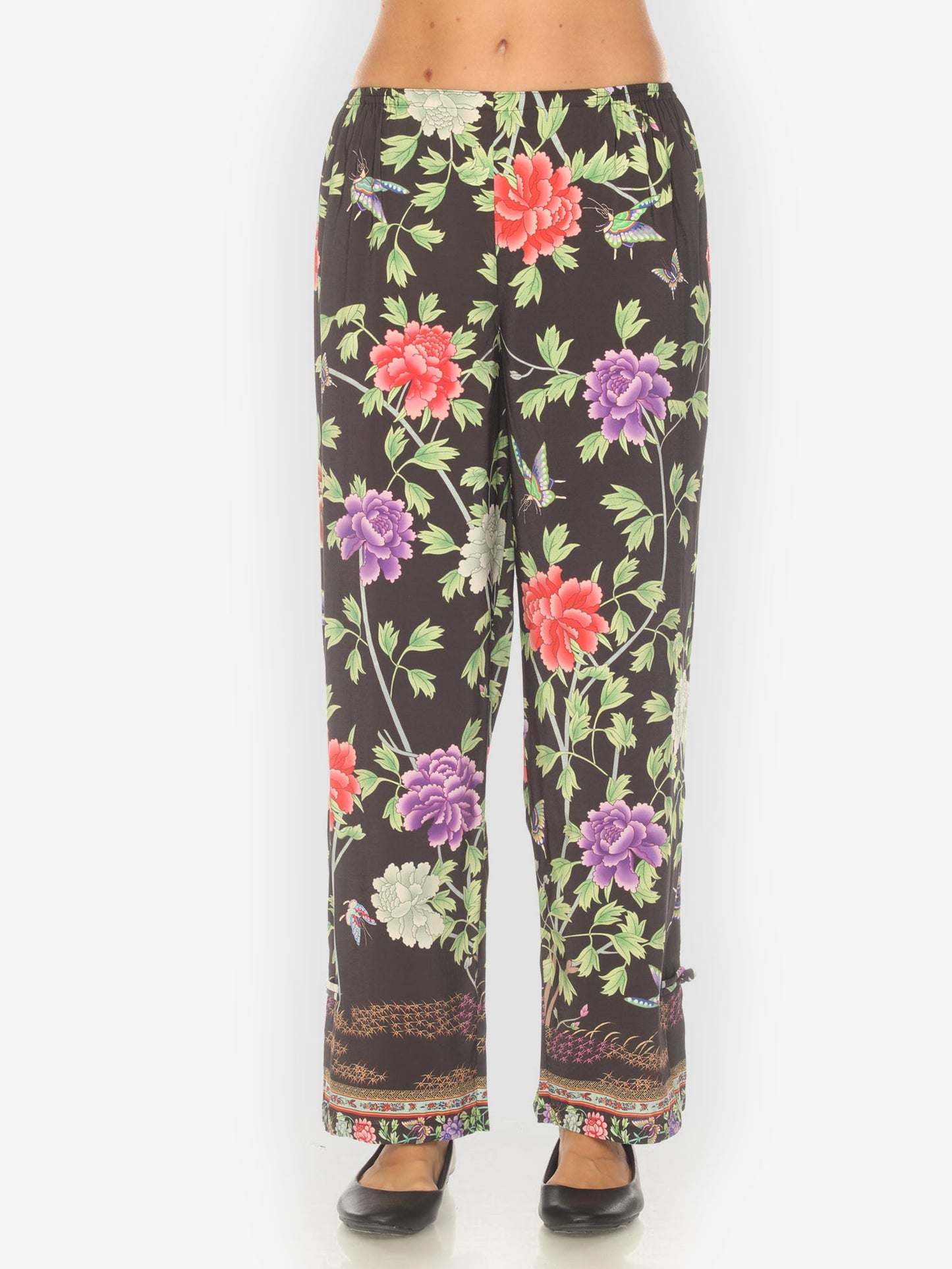 Pull on Pant Border Floral Butterflies in Black Pull on Pant