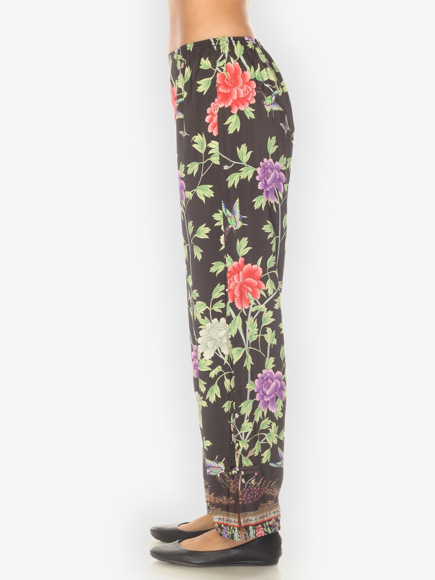 Pull on Pant Border Floral Butterflies in Black Pull on Pant