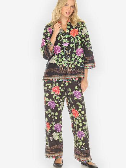 Pull on Pant Border Floral Butterflies in Black Pull on Pant