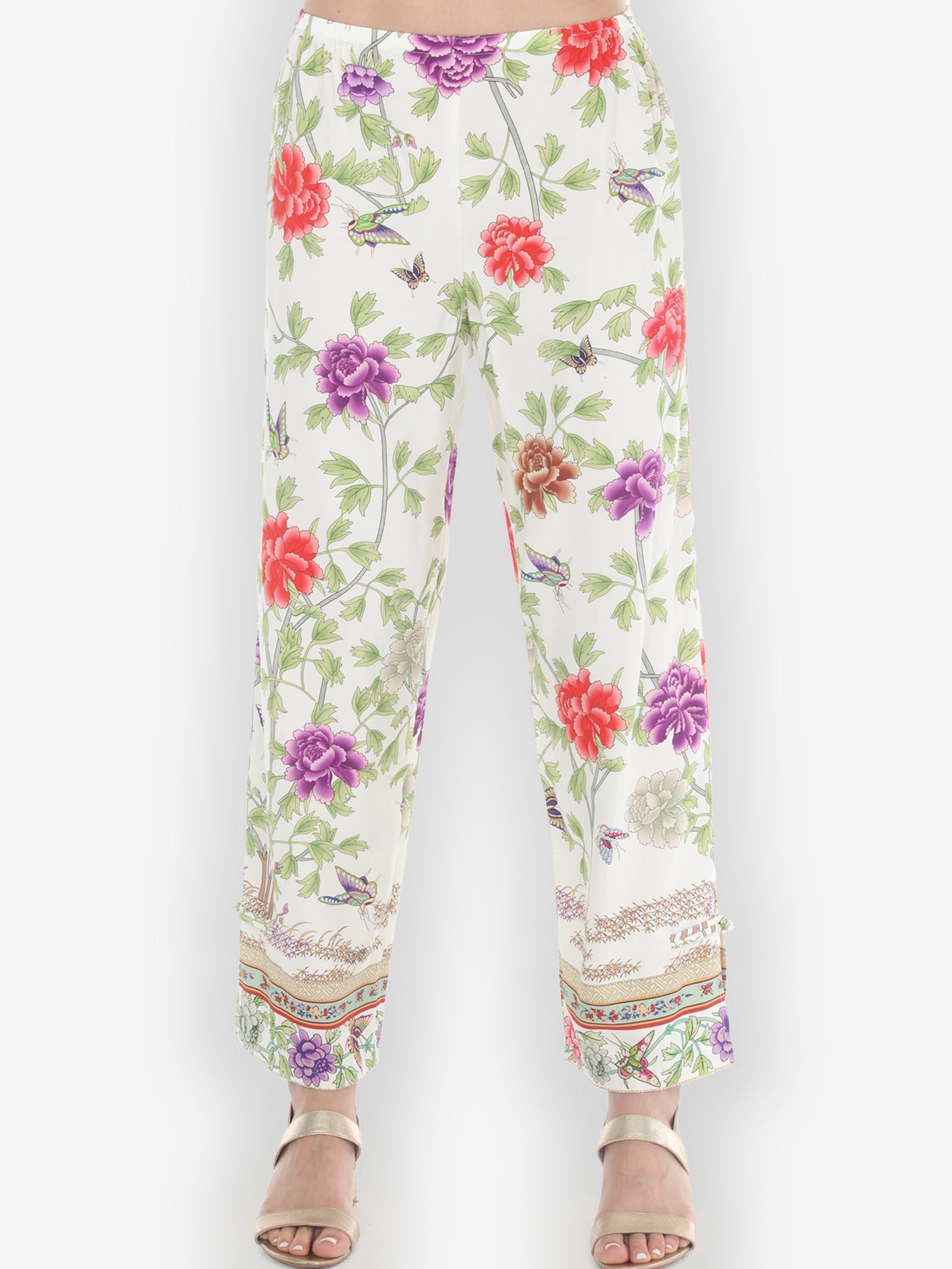 Pull on Pant Border Floral Butterflies in White Pull on Pant