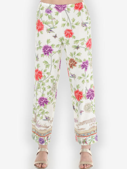 Pull on Pant Border Floral Butterflies in White Pull on Pant