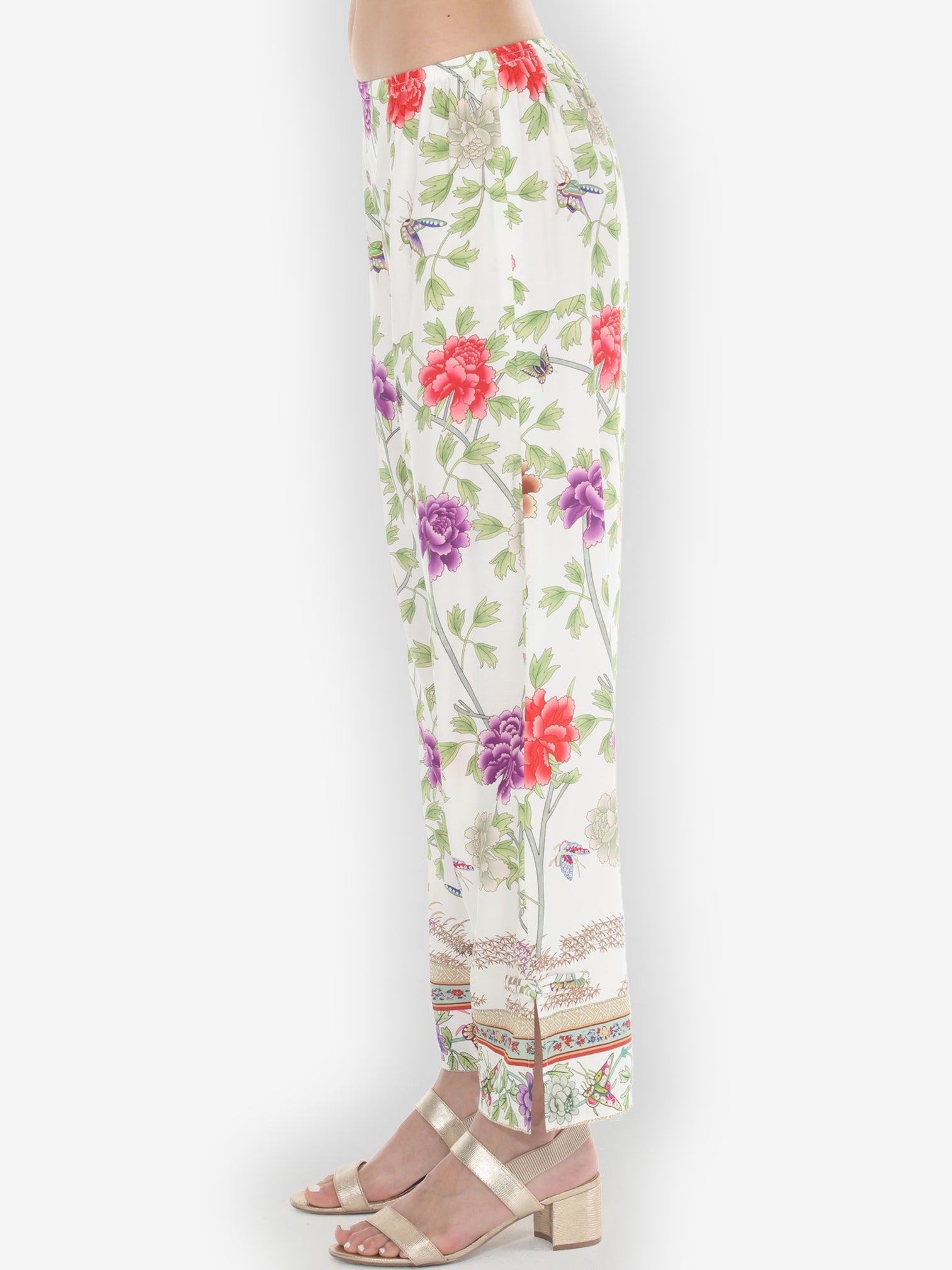 Pull on Pant Border Floral Butterflies in White Pull on Pant