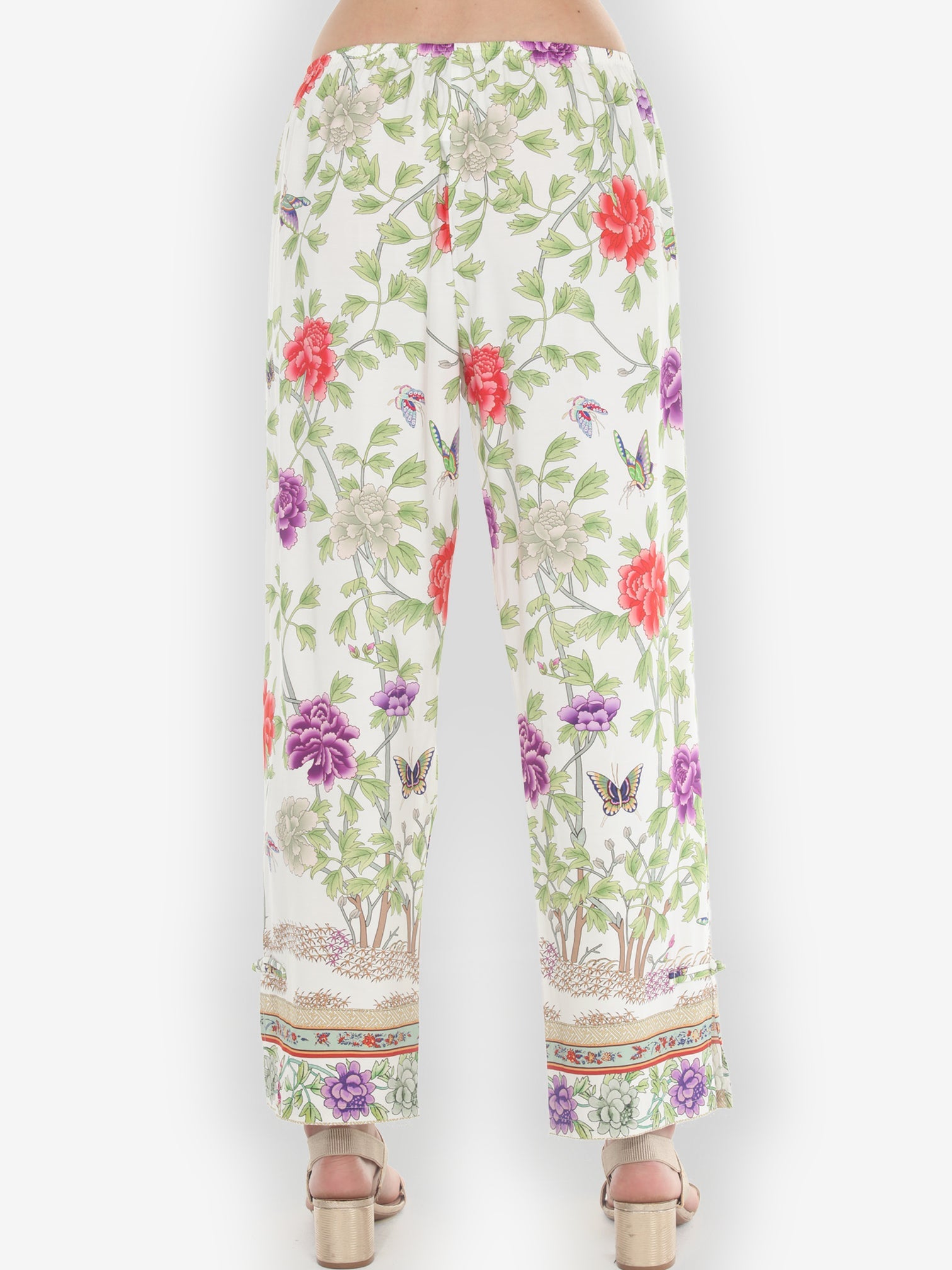 Pull on Pant Border Floral Butterflies in White Pull on Pant