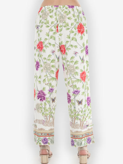 Pull on Pant Border Floral Butterflies in White Pull on Pant