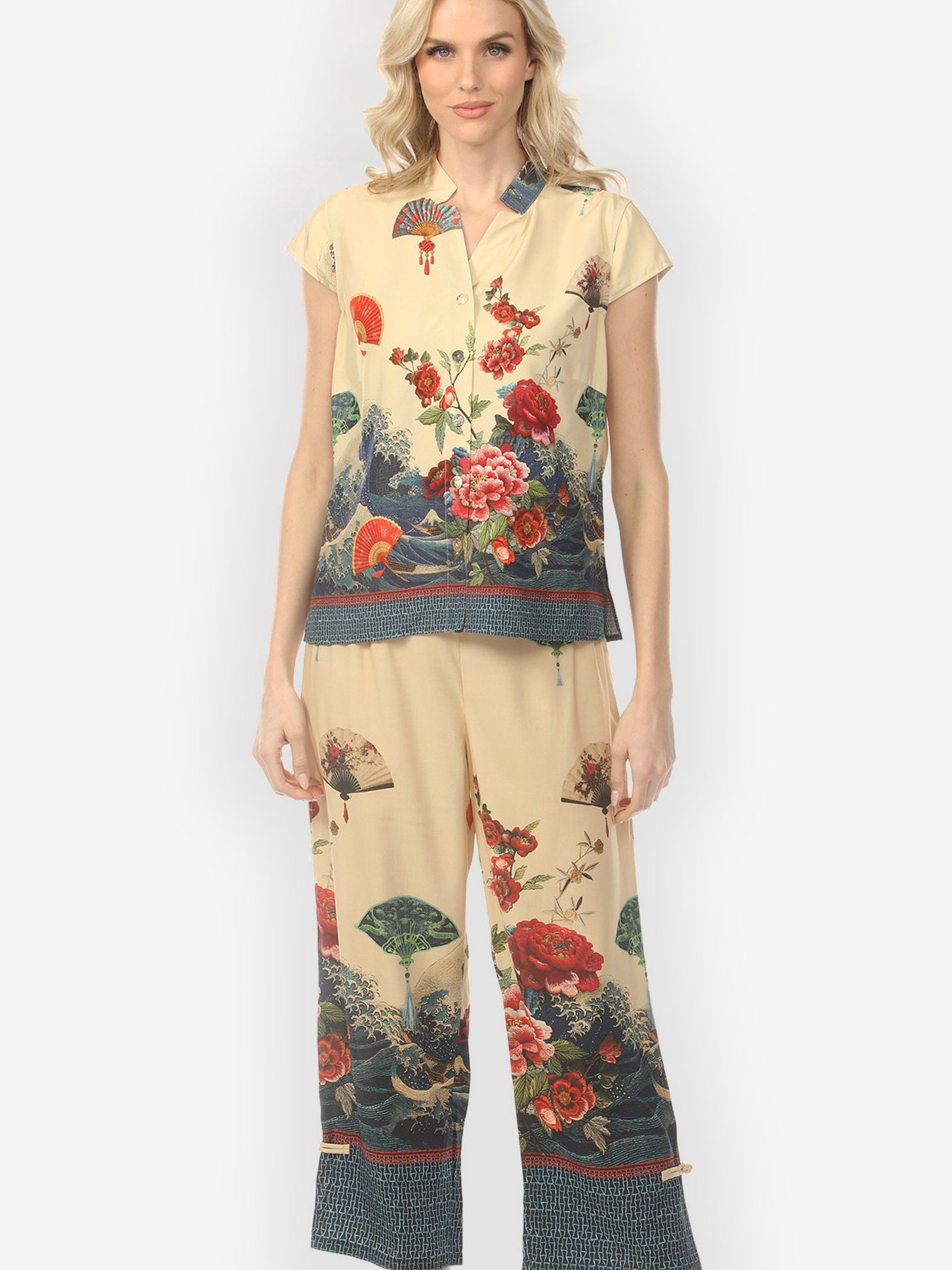 Cap Sleeve Blouse Waves Fans Flowers in Cream Cap Sleeve Blouse