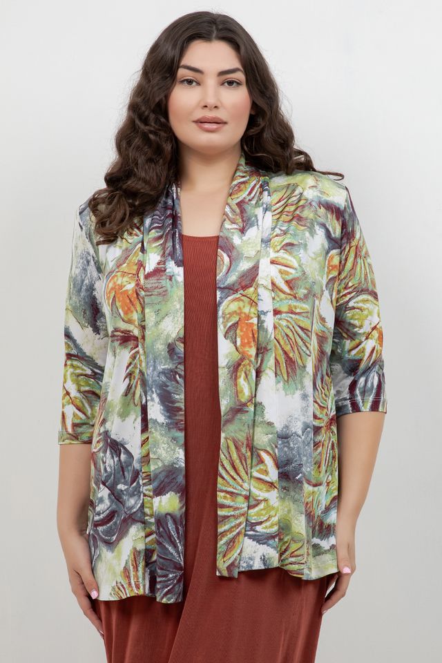 Vikki Vi Jersey Watercolour Palm 3/4 Kimono Jacket