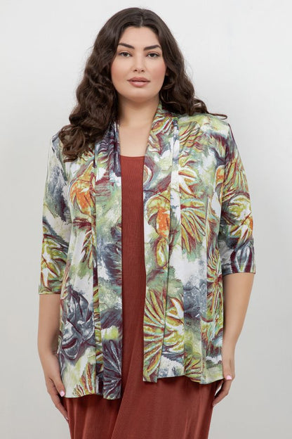 Vikki Vi Jersey Watercolour Palm 3/4 Kimono Jacket