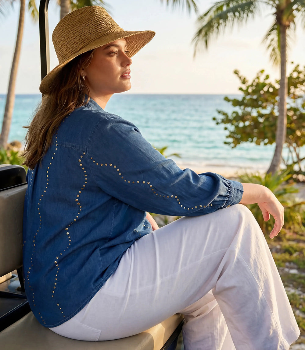 top Plus Size Blouson Sleeve Gemstone Denim Shirt