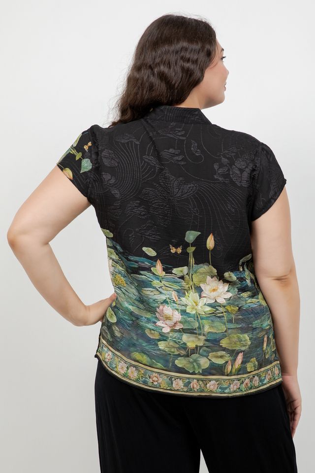 Peaceful Lotus Pond Silk Cap Sleeve Blouse