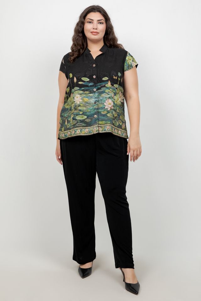 Peaceful Lotus Pond Silk Cap Sleeve Blouse