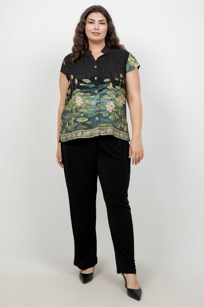 Peaceful Lotus Pond Silk Cap Sleeve Blouse