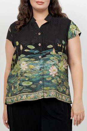 Peaceful Lotus Pond Silk Cap Sleeve Blouse