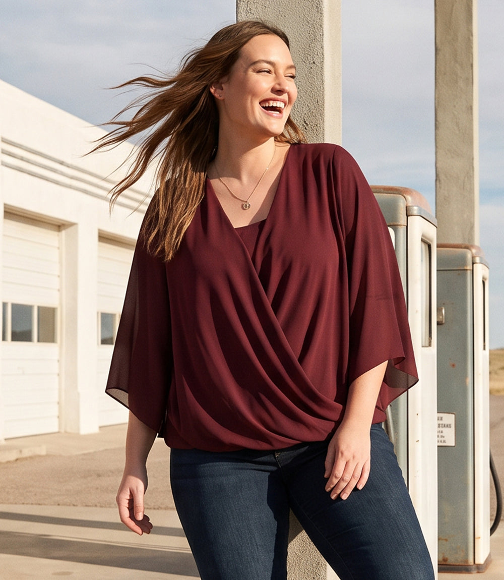 top Plus Size Bracelet Sleeve Drape Front Crossover Top