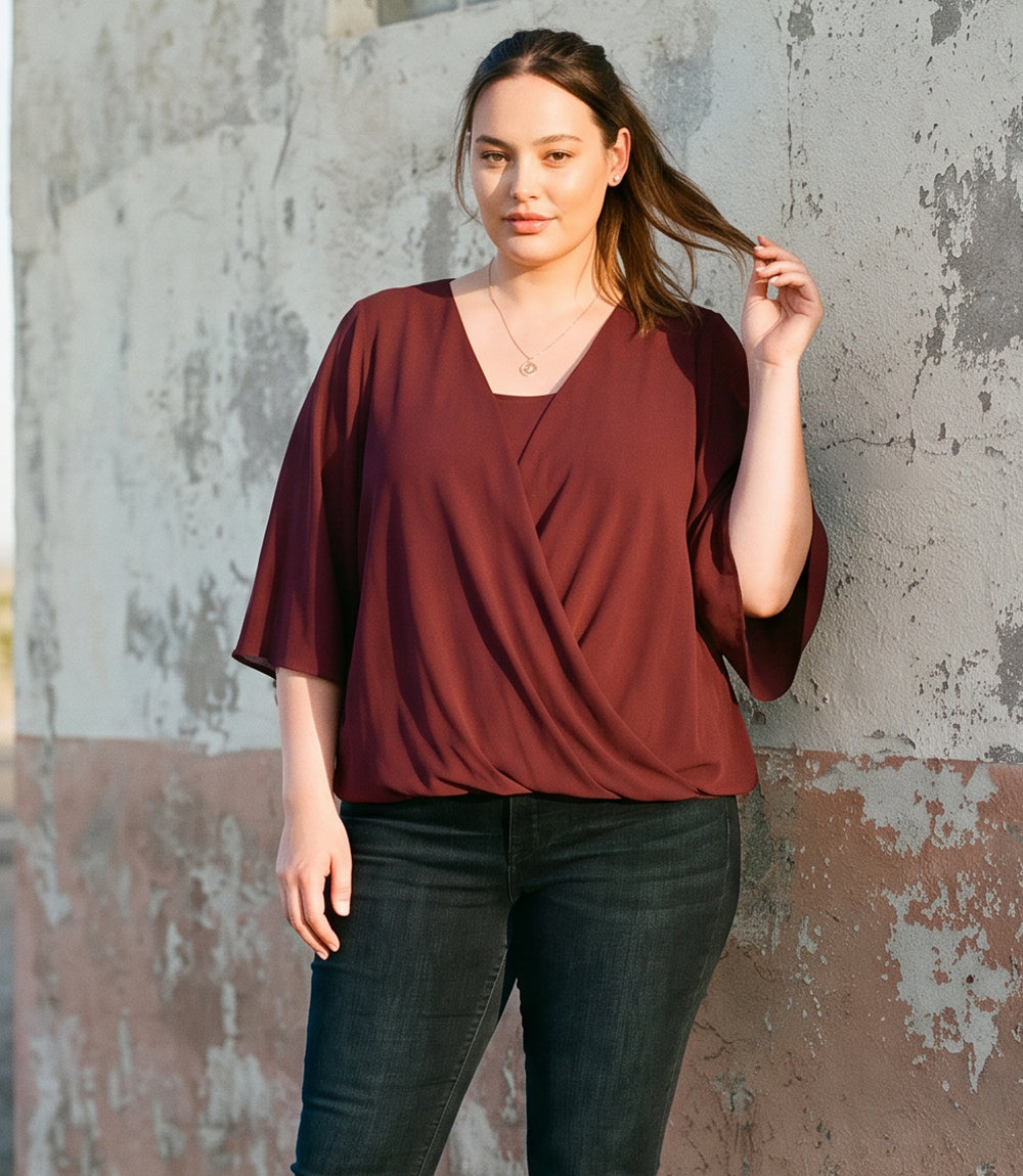 top Plus Size Bracelet Sleeve Drape Front Crossover Top