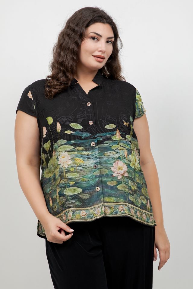 Peaceful Lotus Pond Silk Cap Sleeve Blouse