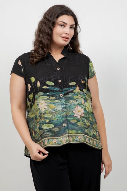 Peaceful Lotus Pond Silk Cap Sleeve Blouse