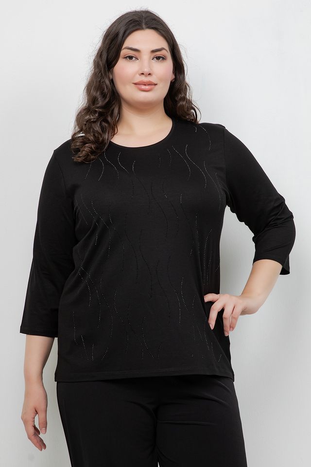 Tops Black Ripple Sparkle 3/4 Sleeve Top