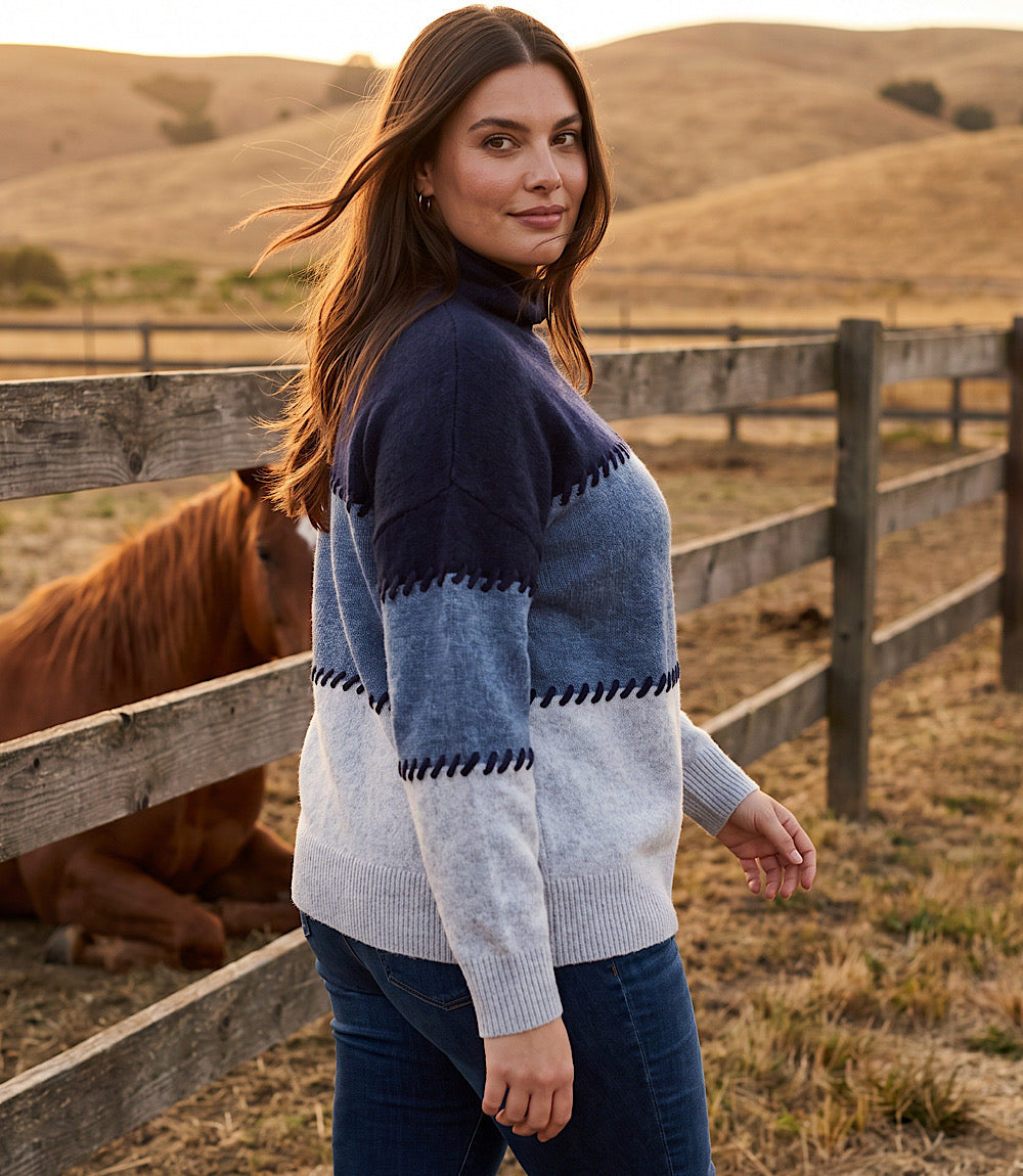sweater Plus Size Contrast Stitch Mock Neck Colorblock Sweater