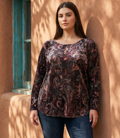 top Long Sleeve Velvet Burnout Shirttail Top
