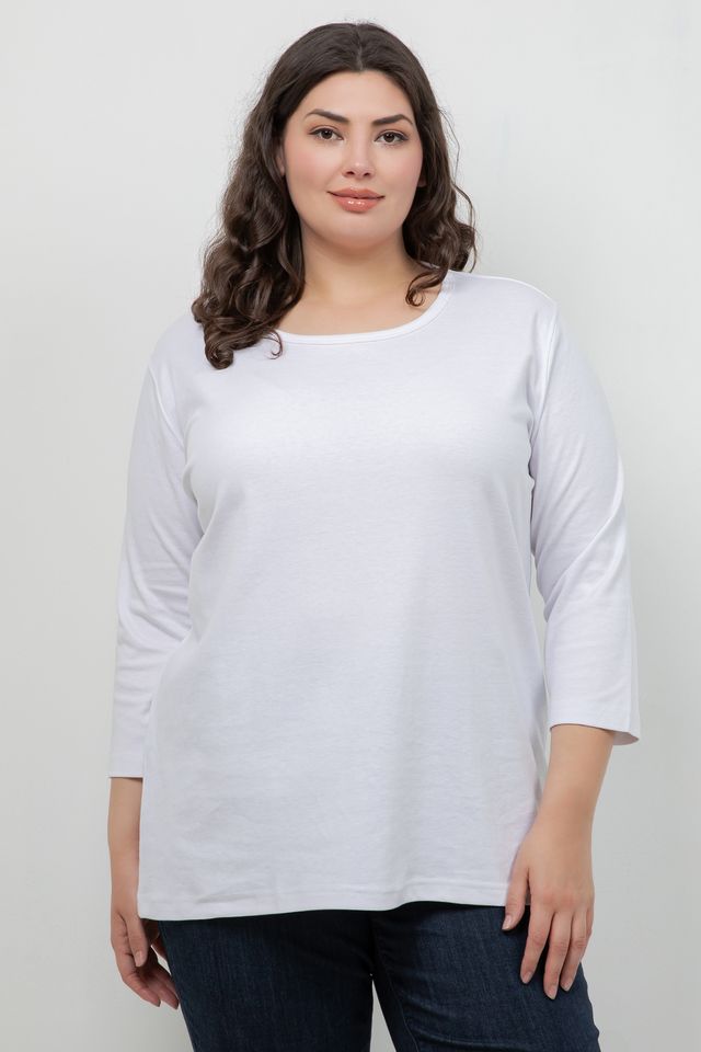 Tops White Cotton 3/4 Sleeve Tee