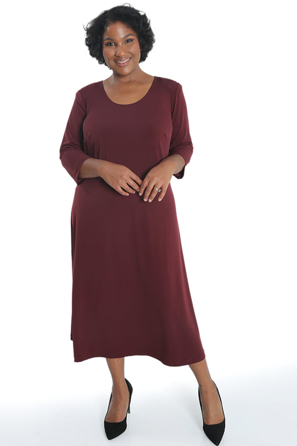 Vikki Vi Jersey Bordeaux 3/4 Sleeve A-Line Dress