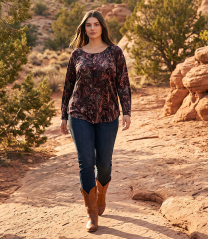 top Long Sleeve Velvet Burnout Shirttail Top