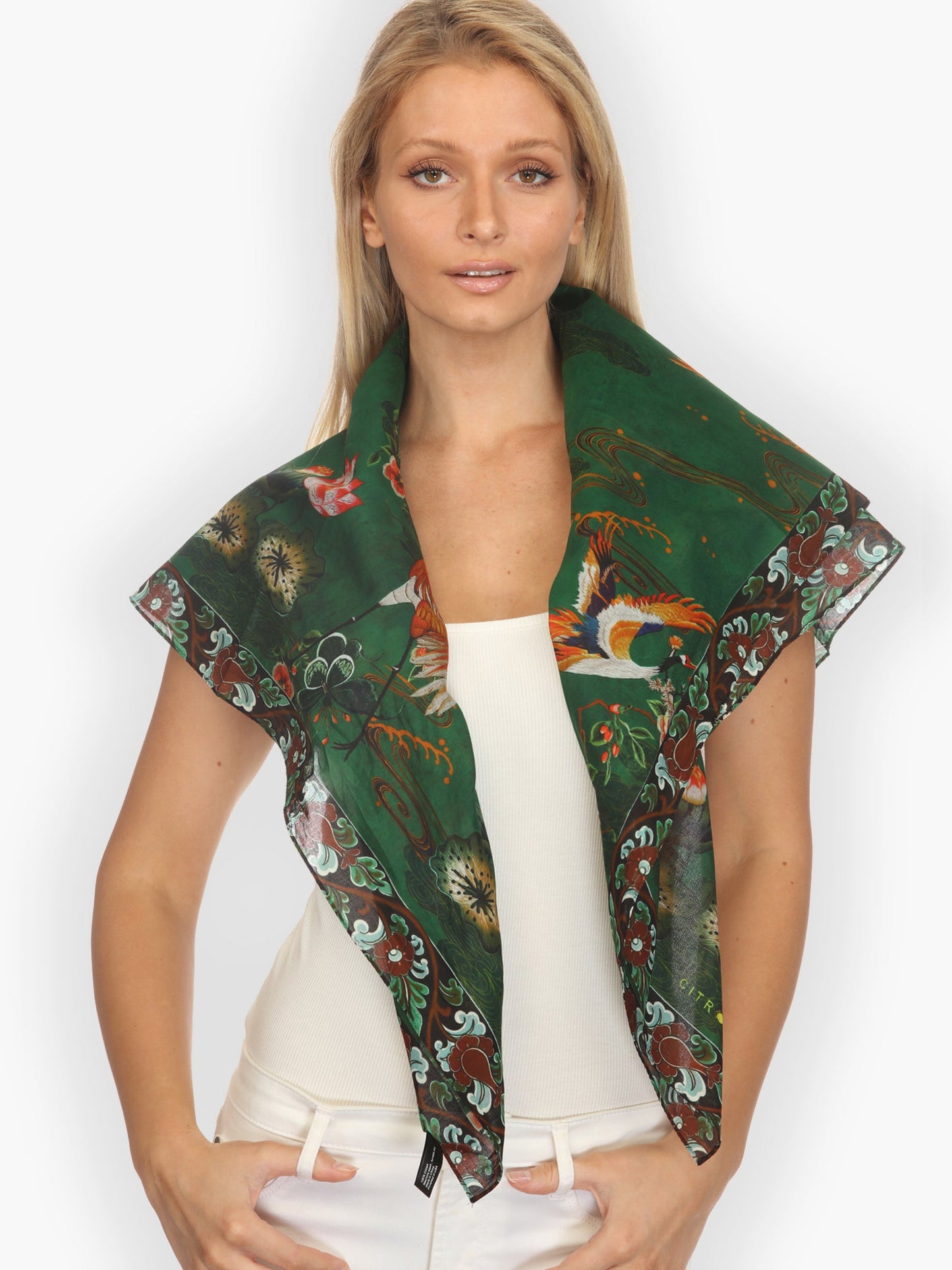 Silk Scarf Elegant Crane Lotus Cotton Scarf