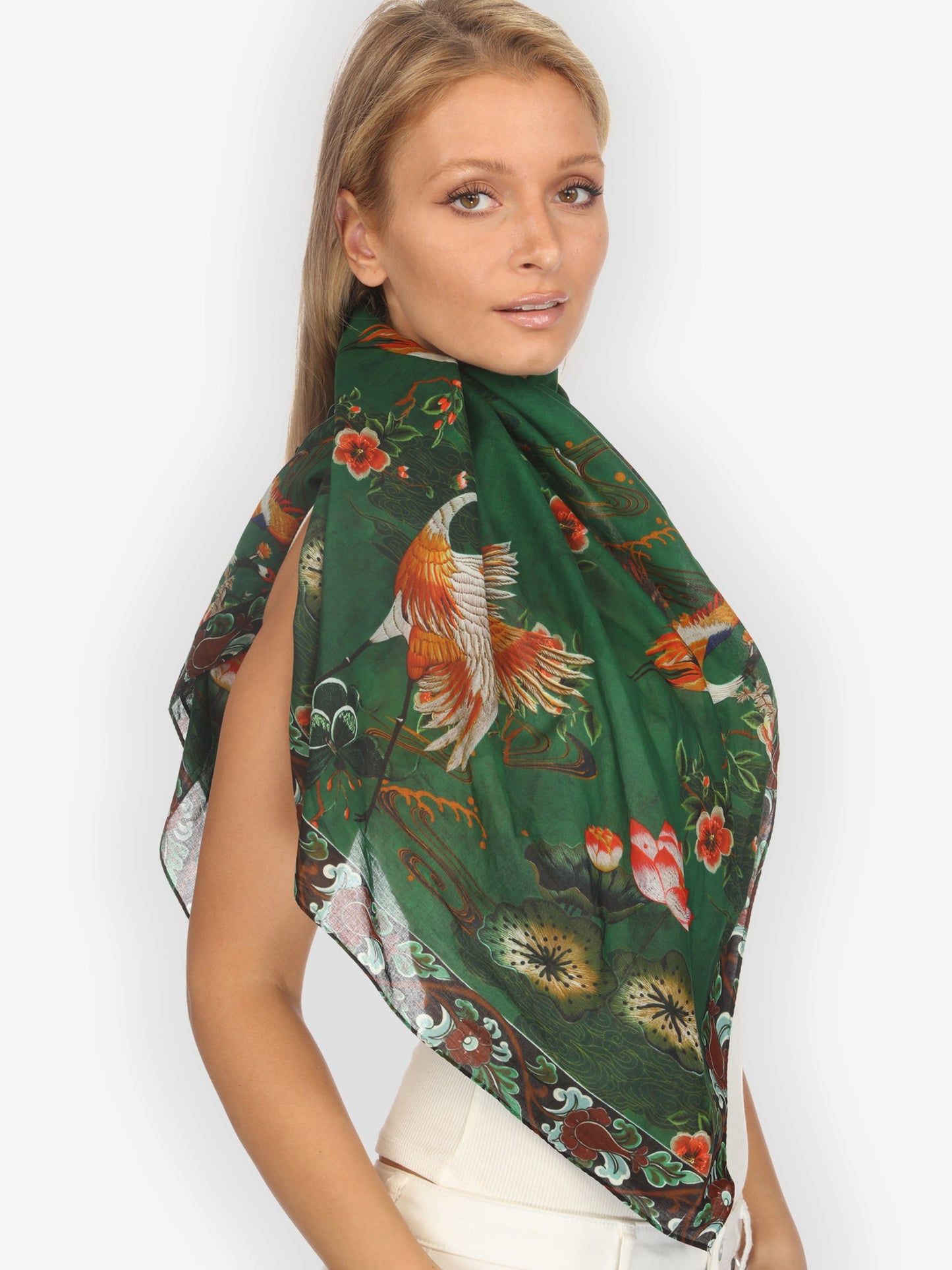 Silk Scarf Elegant Crane Lotus Cotton Scarf