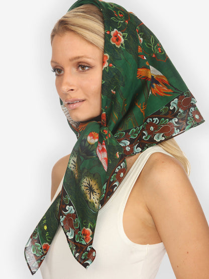 Silk Scarf Elegant Crane Lotus Cotton Scarf