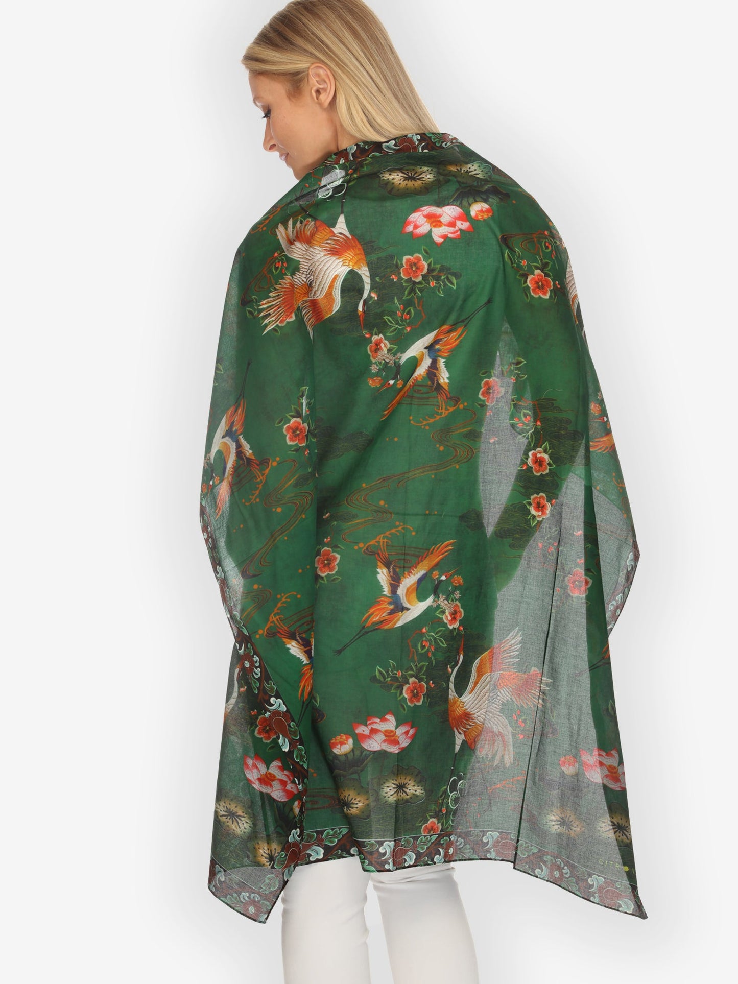Silk Scarf Elegant Crane Lotus Cotton Scarf