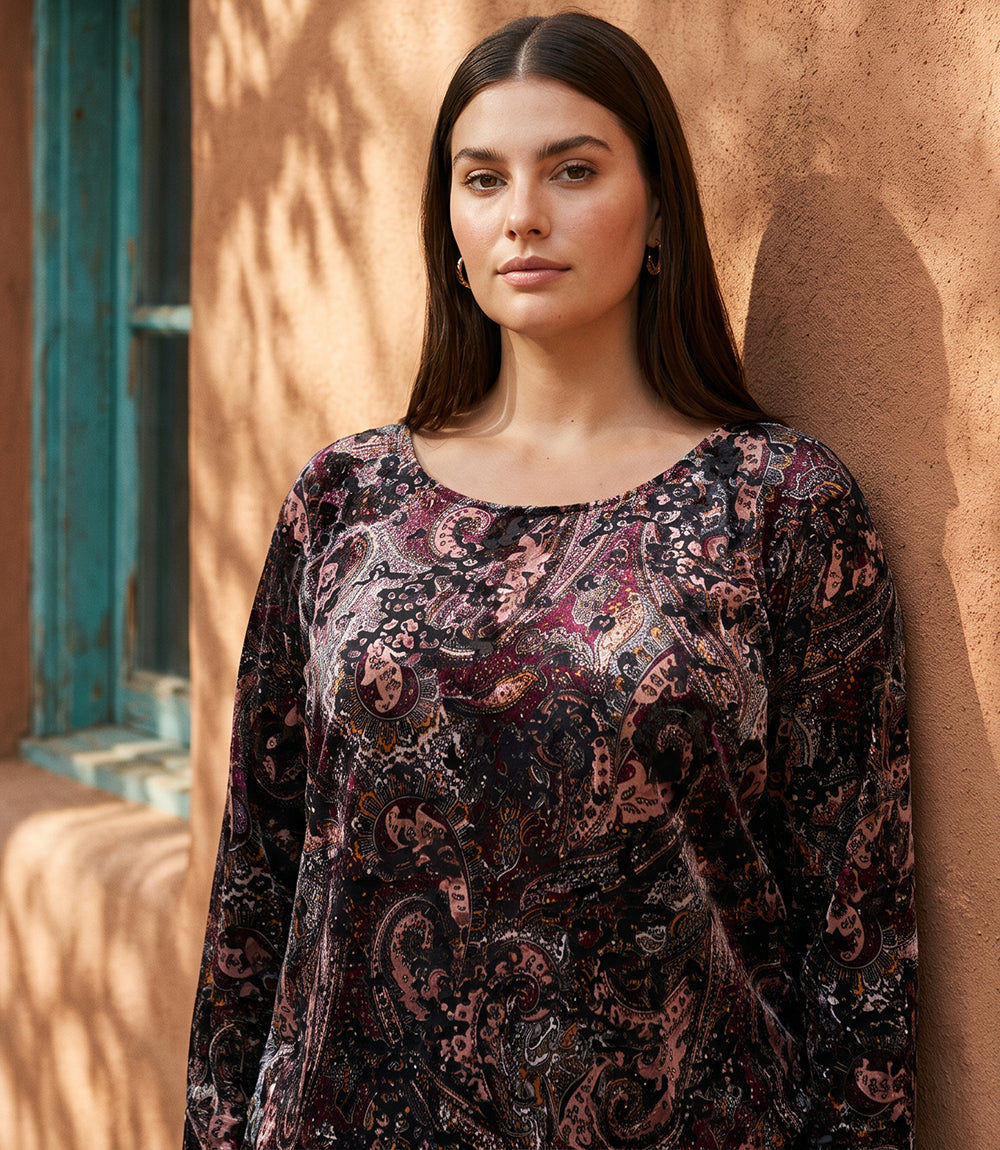 top Long Sleeve Velvet Burnout Shirttail Top
