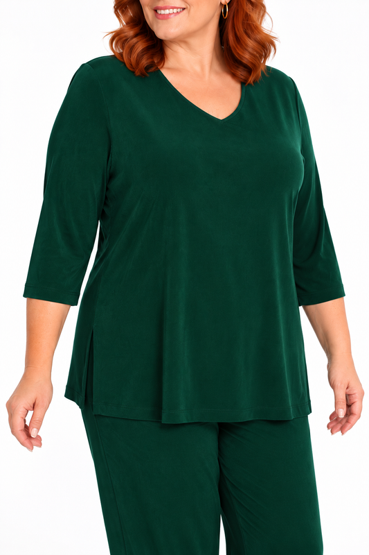 Tops Vikki Vi Silky Classic Hunter Green V-Neck 3/4 Sleeve Tunic