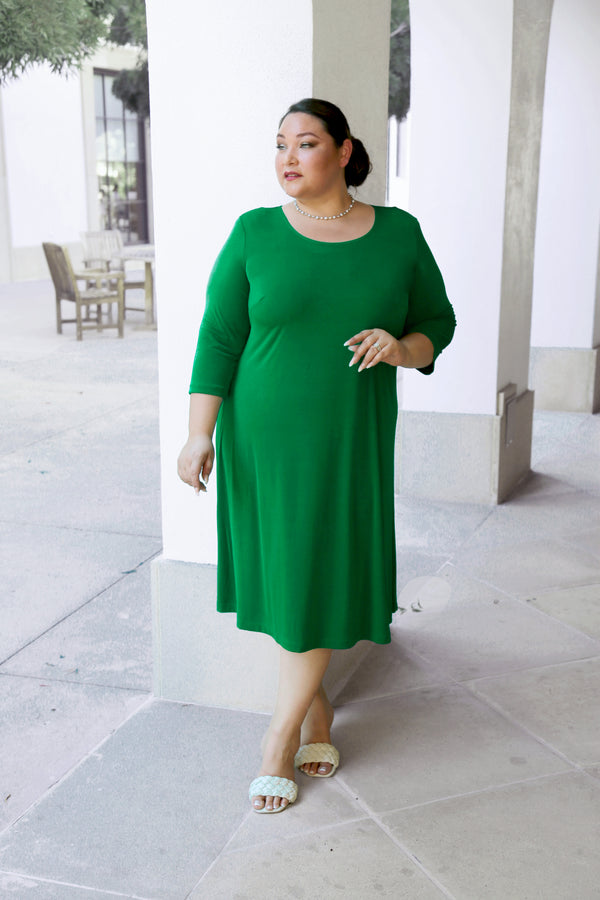 Vikki Vi Silky Classic Emerald 3/4 Sleeve A-Line Dress