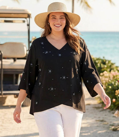 top Plus Size Bracelet Sleeve Embellished Asymmetric Top