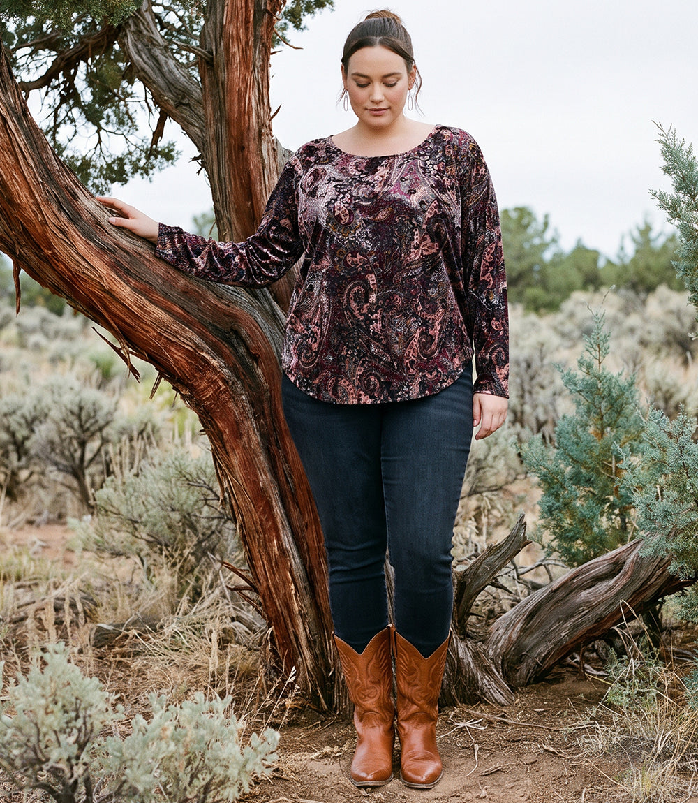 top Long Sleeve Velvet Burnout Shirttail Top