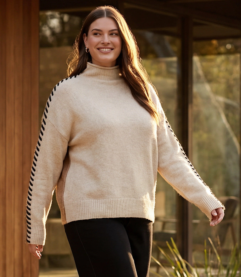 sweater Plus Size Contrast Stitch Mock Neck Colorblock Sweater
