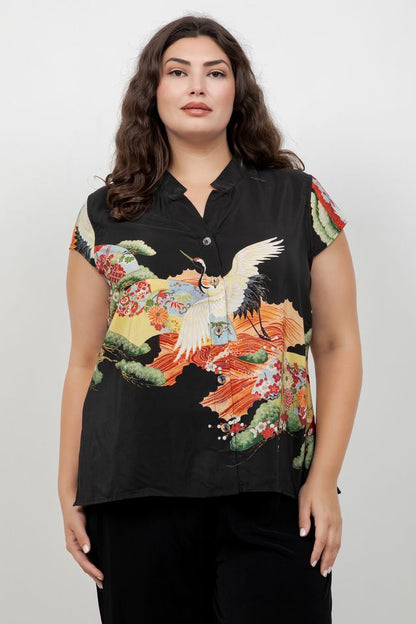 Fans Cranes Pines Silk Cap Sleeve Blouse