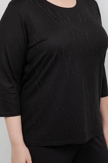 Tops Black Ripple Sparkle 3/4 Sleeve Top