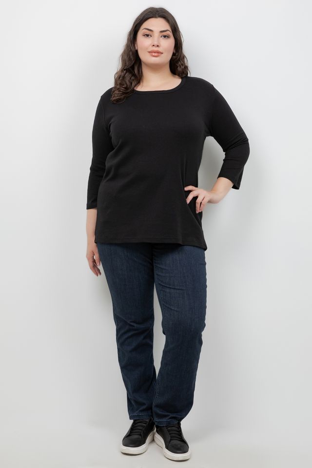 Tops Black Cotton 3/4 Sleeve Tee