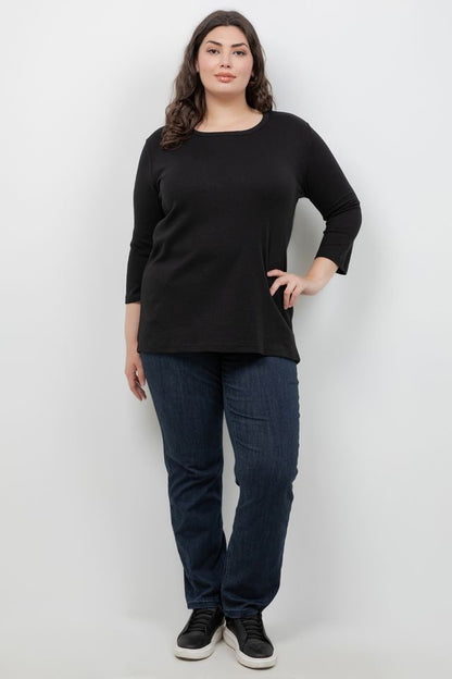 Tops Black Cotton 3/4 Sleeve Tee