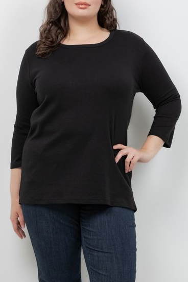 Tops Black Cotton 3/4 Sleeve Tee