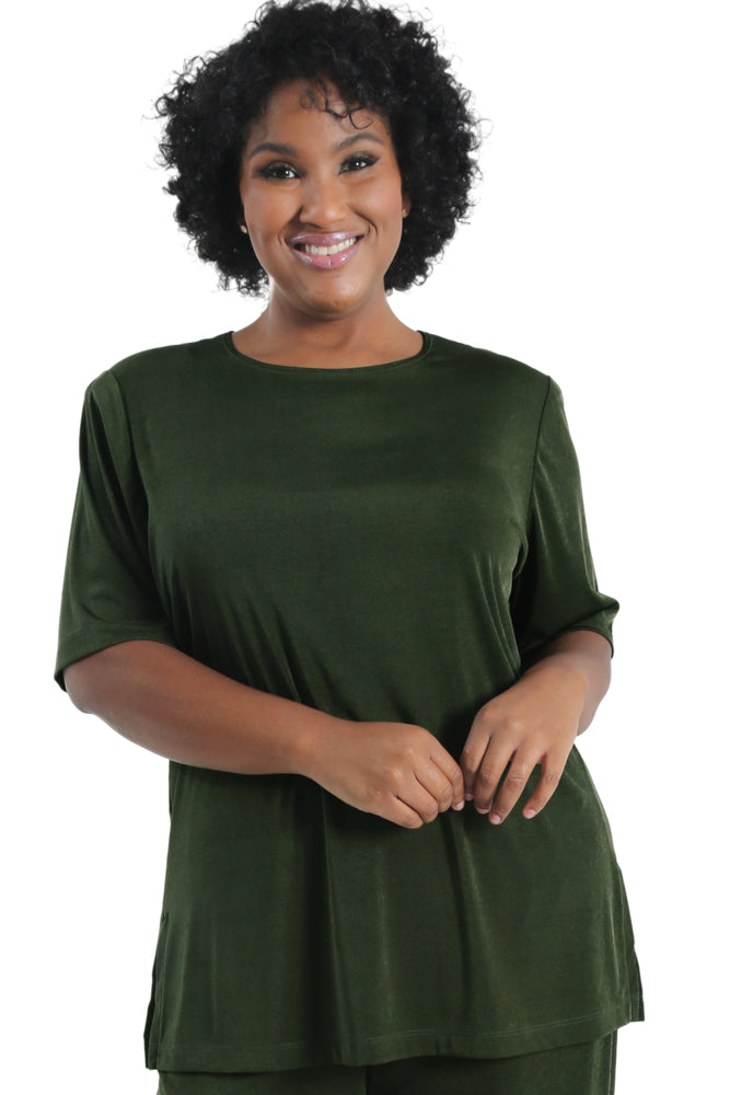 Tops Vikki Vi Silky Classic Olive Short Sleeve Tunic